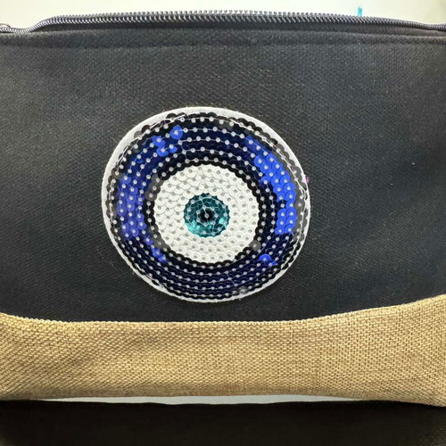 Black clutch bag with blue eye and leather strap new