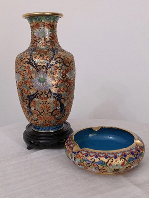 Cloisonne vase and ashtray set used