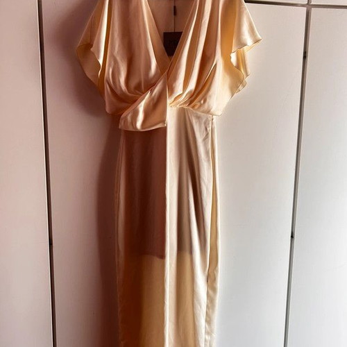 Mind Matter satin maxi dress, champagne color, lined