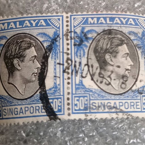 Pair of Singapore stamps used 1948-1952, King George VI