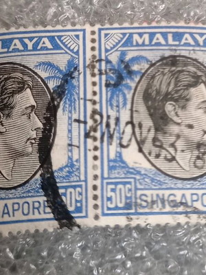 Pair of Singapore stamps used 1948-1952, King George VI