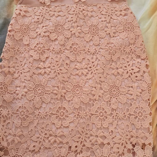 Lace dress in salmon peach shade with floral pattern and waist detail