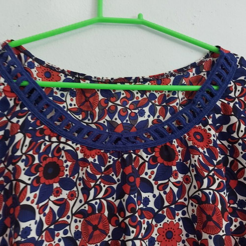 Blouse used, size S, thin fabric with blue trim on sleeves and neck