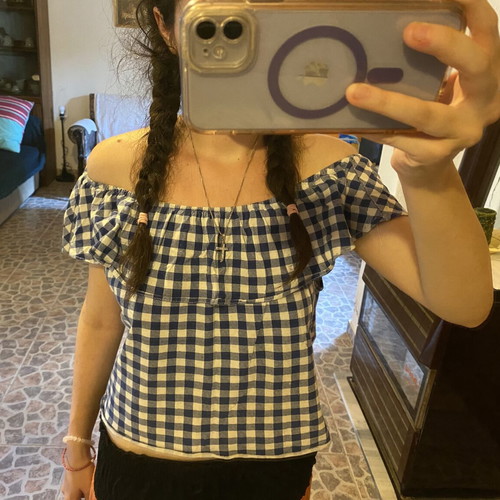 Blue and white gingham off-the-shoulder ruffle top Zara like new, cotton