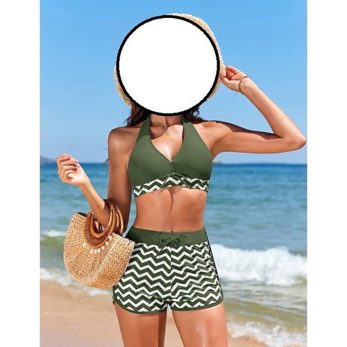 Heekpek women's two-piece swimsuit with V-neck and adjustable straps, size L