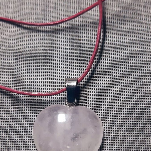 Elpida Necklace with Pink Quartz Heart, Leather and 925 Silver, New