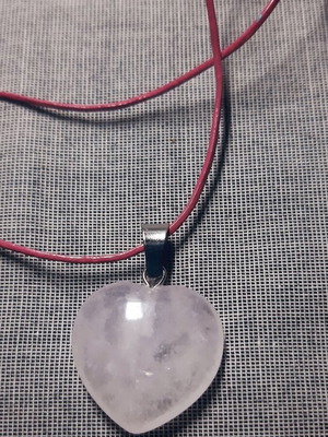 Elpida Necklace with Pink Quartz Heart, Leather and 925 Silver, New