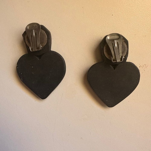 Handmade clay earrings with heart, clip-ons, blue and green