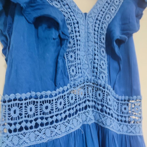Summer dress used, blue, knee-length with back tie and front knit