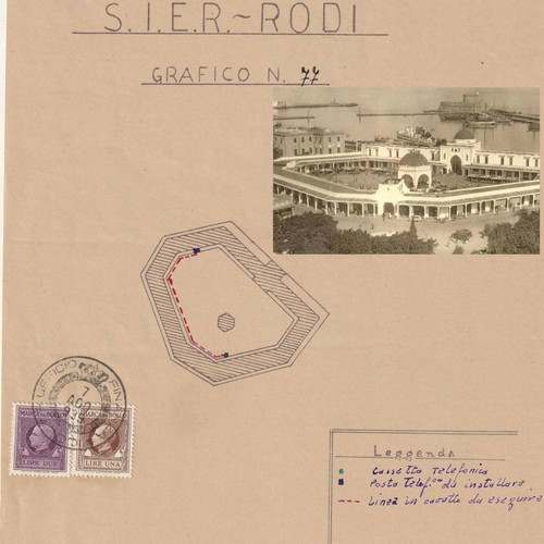 Document and graphic sketch used (1939) of Rhodes city market with 2 C.I.E.R stamps