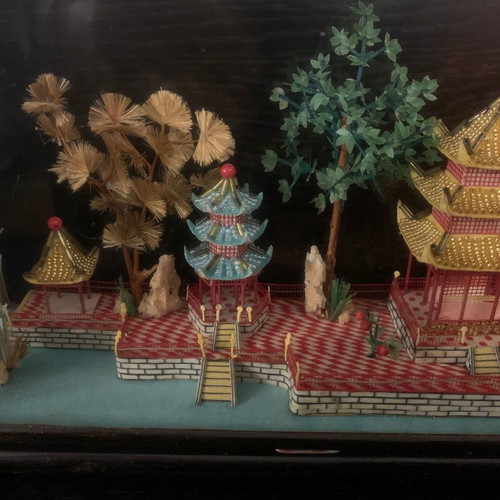 Chinese diorama used with garden and pagoda in wooden case