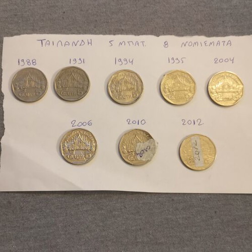 Thailand 5 Baht coins used, set of 8 from 1988 to 2012