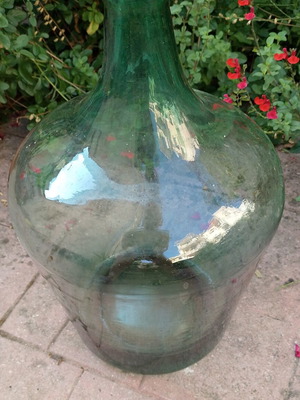 Vintage green glass demijohn 55cm used with unique bubbles