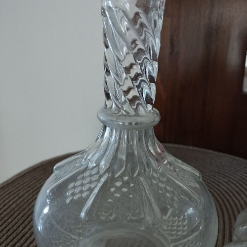 Carafe antique glass with decorative designs and original stopper, used