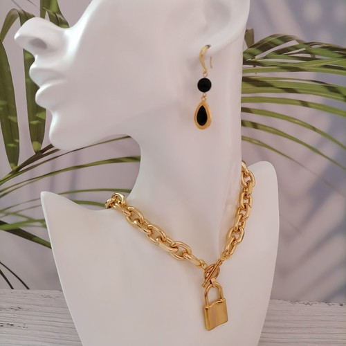 Gold chunky chain with steel padlock pendant