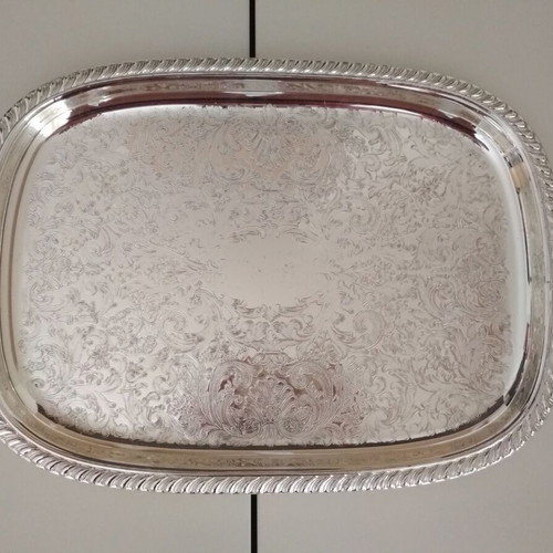 Serving tray used, stainless steel vintage with embossed design 39x28.5 cm