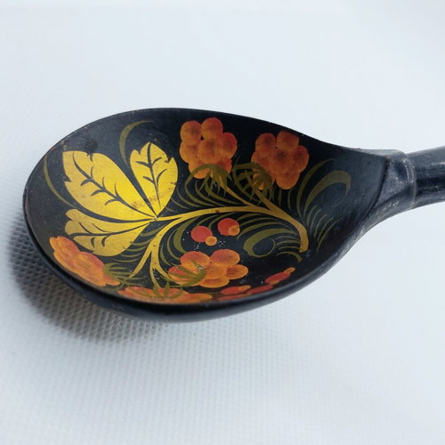 Vintage Russian wooden spoon Khokhloma handpainted used