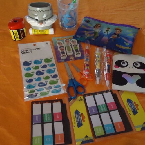 School Set with 2 Pencil Cases, 3 Erasers, Pencils, Pens, Sharpener, Notebook, Scissors, Stickers