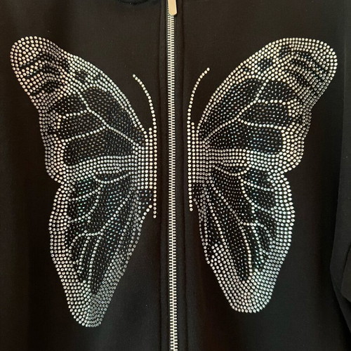 Black anorak with silver stone butterfly and hood size S like new, 100% cotton