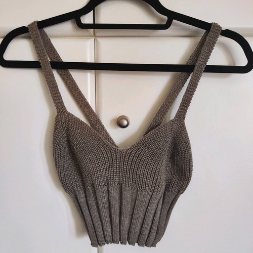 Knit Crop Top with Cross-Back Straps Taupe like new