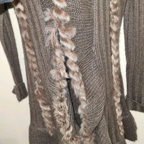 Wool cardigan beige with natural fur trim like new, size S/M