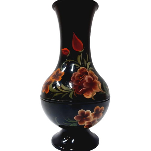 Vintage Korean Black Enamel Vase Steel Inlaid Flowers 23 cm