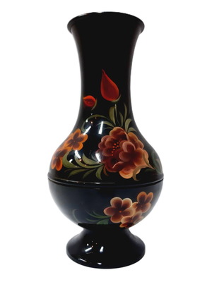 Vintage Korean Black Enamel Vase Steel Inlaid Flowers 23 cm