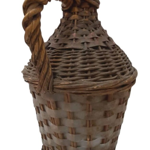 Vintage demijohn 1950s used, glass and rattan, 5 liters