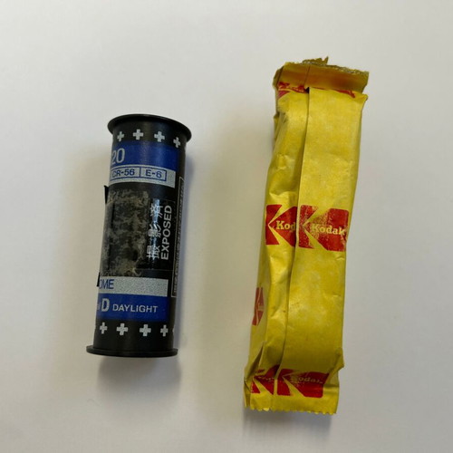 Kodak Pocket Instamatic 110 film cassette and Fuji Chrome RHP 120 film set