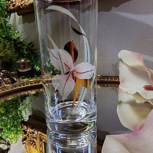 Vintage highball glass with gold rim and orchid decoration, 200 ml