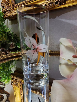 Vintage highball glass with gold rim and orchid decoration, 200 ml