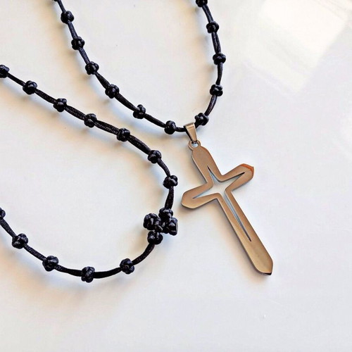 Cross rosary necklace handmade with black satin cord