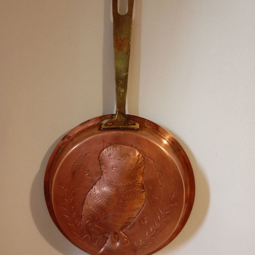 Vintage copper decorative frying pan with embossed owl used