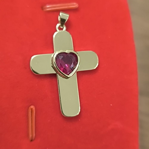 Gold-colored cross pendant with red heart stone, stainless steel, new
