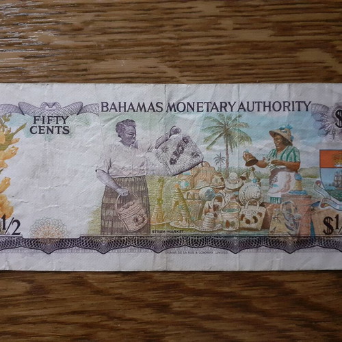 Bahamas 50 Cent Banknote 1968 used, Young Elizabeth II