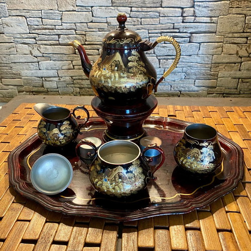 Vintage tea party set used, tin, hand-painted, Holland