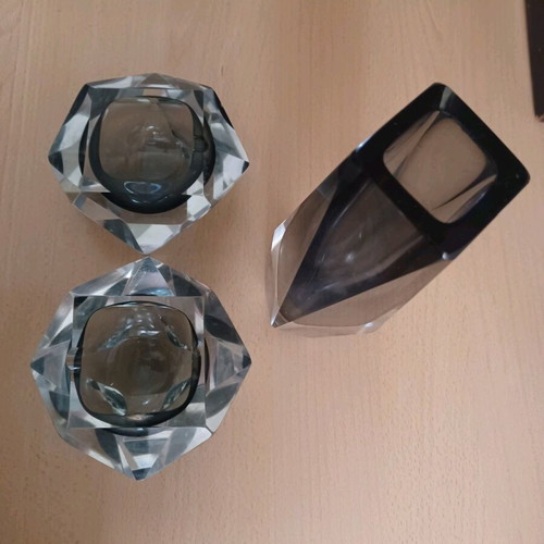 Murano vase and ashtray set vintage gray color with chips
