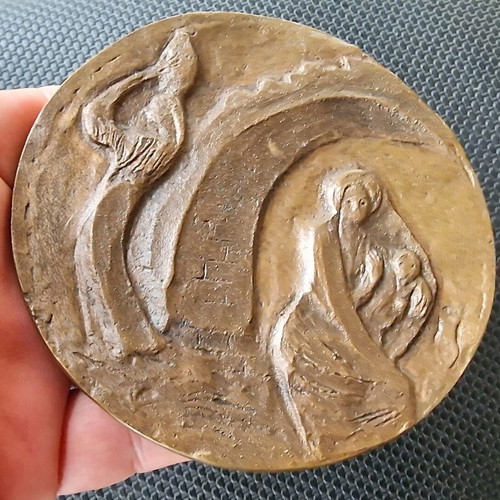 Bronze artistic medal used, possibly religious with embossed design