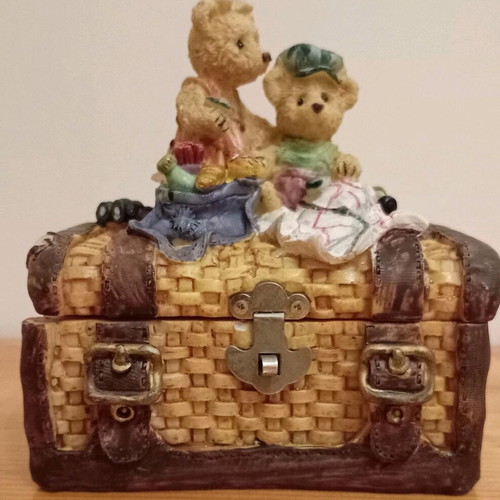 Vintage decorative piggy bank shaped like a chest with teddy bear figures like new