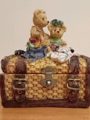 Vintage decorative piggy bank shaped like a chest with teddy bear figures like new