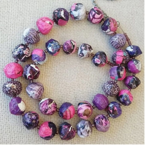 Long handmade bow tie necklace in purple and pink