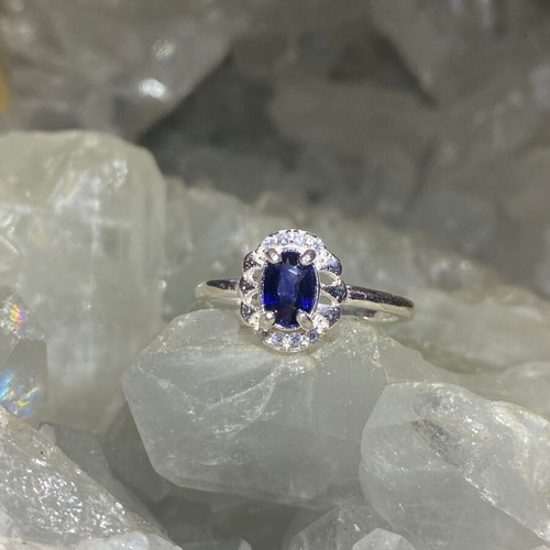 Handmade silver ring with natural blue sapphire and moissanites size 5