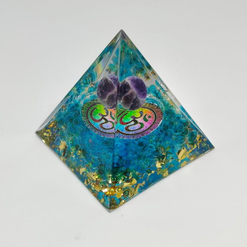 Orgonite pyramid with amethyst and Om symbol like new