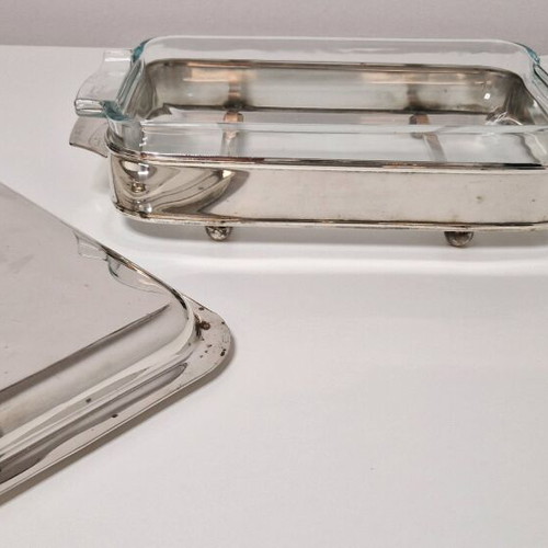 Vintage silver-plated tray with Pyrex used, with base and lid