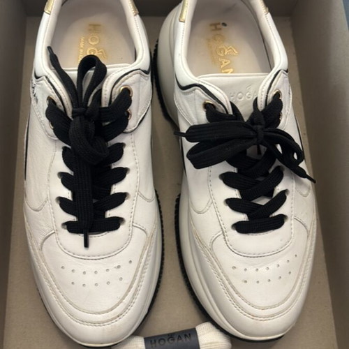 Hogan white leather sneakers with black and gold details, size 39.5