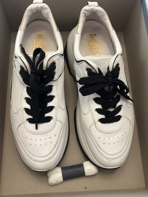 Hogan white leather sneakers with black and gold details, size 39.5