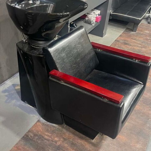 Professional Hair Salon Shampoo Station with Black Porcelain and Wooden Armrests like new