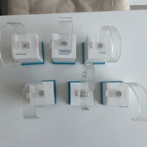 Watch display stands used, pack of 6 with white and blue bases