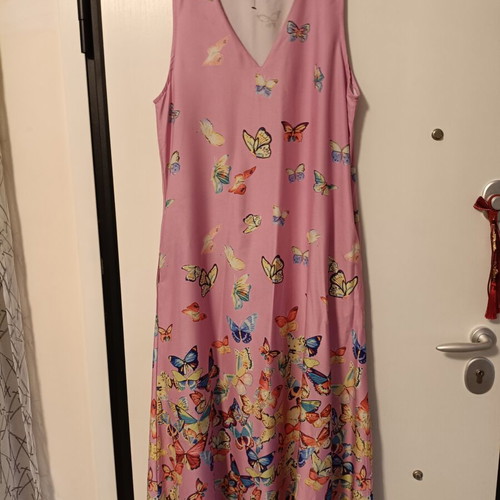 Women's long maxi dress like new, pink with colorful butterfly pattern