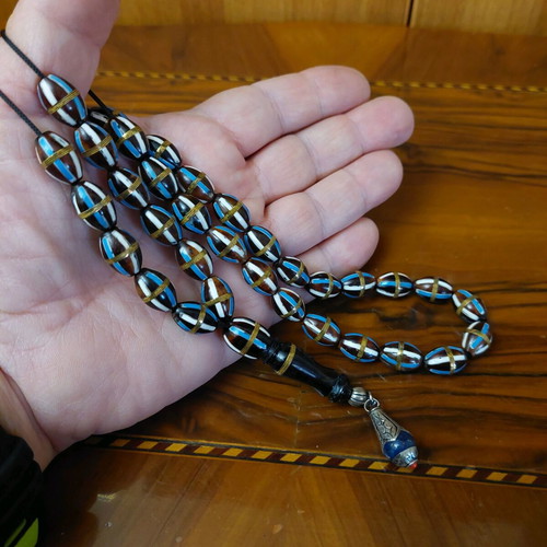 Old Egyptian Worry Beads from Kouk Wood with 33 Beads and Inlays, New